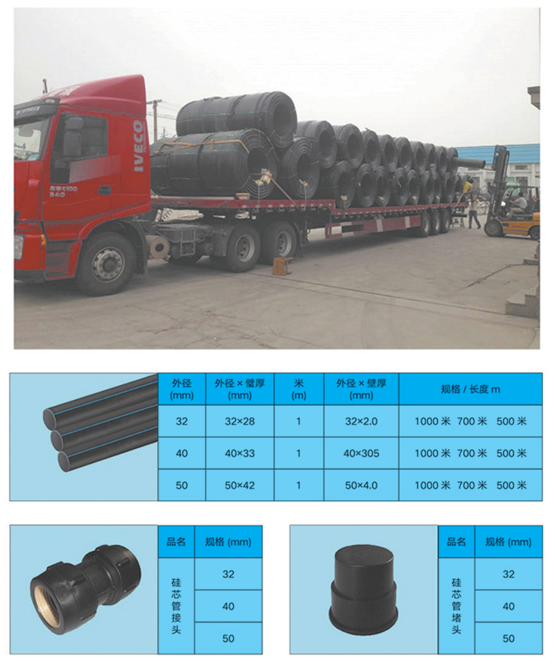 高密度聚乙烯(HDPE )硅芯管制作，系采用特種HDPE原料加硅料共擠復(fù)合而成，具備以下基本特性: 1.管道的強(qiáng)度，包括抗壓，抗張和抗沖擊能力，充分考慮到光(電)纜保護(hù)所需的安全系數(shù)，不再需要大管作外層保護(hù)。 2、硅管曲率半徑小，為其外徑的十倍。敷管時(shí)遇到彎曲處和上下管落差處可隨路而轉(zhuǎn)或隨坡而走，無須作任何特別處理，更不必設(shè)入井過渡。 3、其內(nèi)壁的硅芯層是固體的，永久的潤(rùn)滑濟(jì)。 4、其內(nèi)壁的硅芯層被同步擠壓進(jìn)壁內(nèi)，均勻地分布于整個(gè)內(nèi)壁，硅芯層與高度密聚乙烯具有相同的物理和機(jī)械特性:不會(huì)剝落，脫離。 5、其內(nèi)壁硅芯層的摩擦特性保持不變，纜線在管道內(nèi)反復(fù)抽取。 6、其內(nèi)璧的硅芯層不與水溶，污物進(jìn)管后可用水沖洗管道，可免遭嚙齒動(dòng)物破壞。7、抗老化，使用壽命長(zhǎng)，埋入地下可達(dá)50年以上。 8、耐候性能好。 9、施工快捷，可大降低工程造價(jià)。